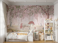 Removable Unicorn Forest Pink Wall Mural in a bedroom with a white bed frame and a minimal white shelving unit.