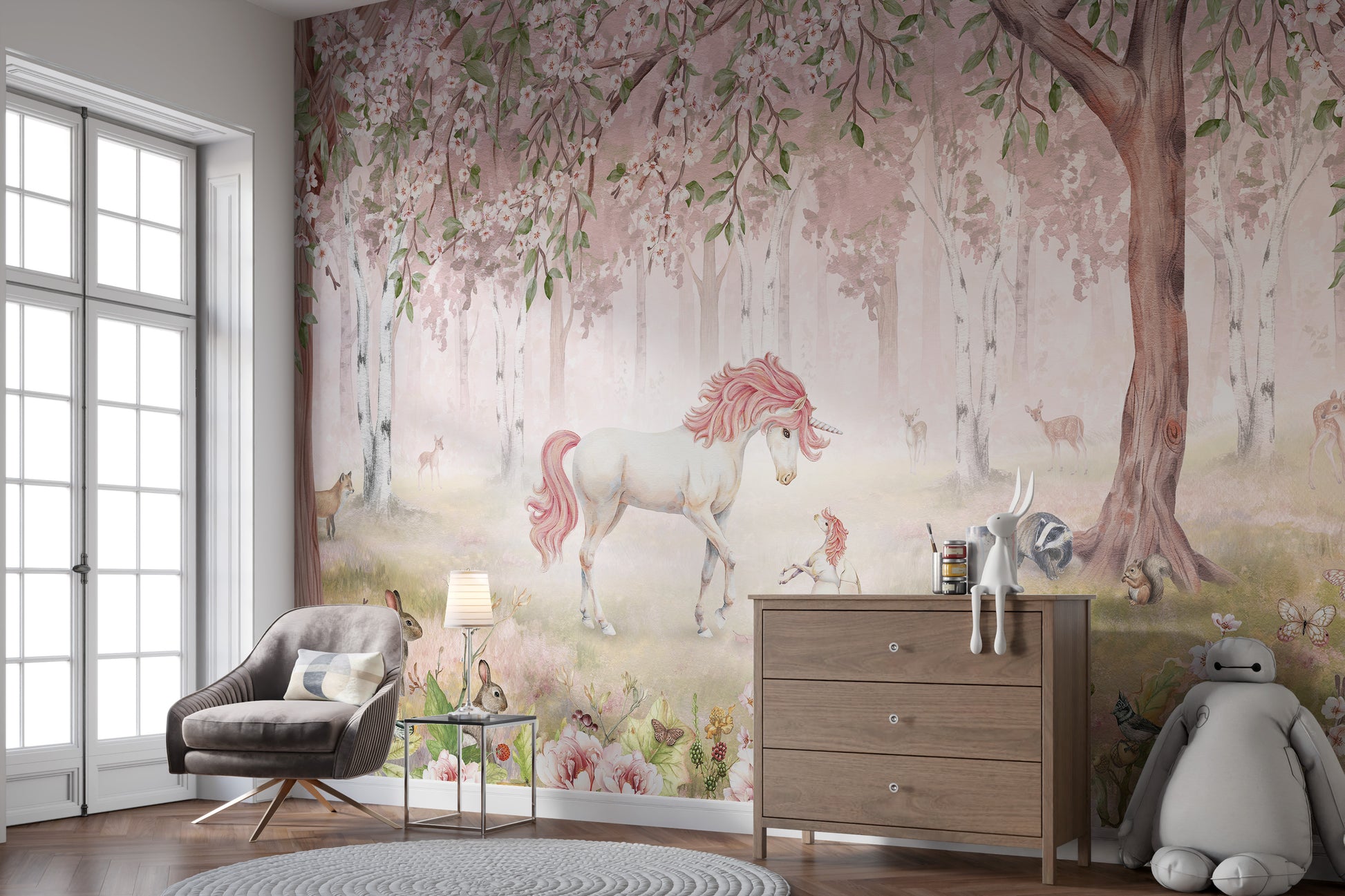 Canvas Unicorn Forest Pink Wall Mural in a room with a brown dresser and grey chair near a large window.
