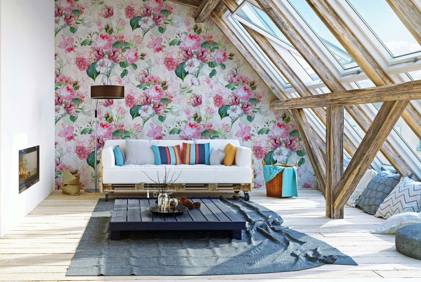 Floral watercolor mural featuring soft pink roses and delicate greenery.


