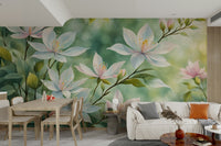 White bloom wallpaper adding charm to modern wall decor

