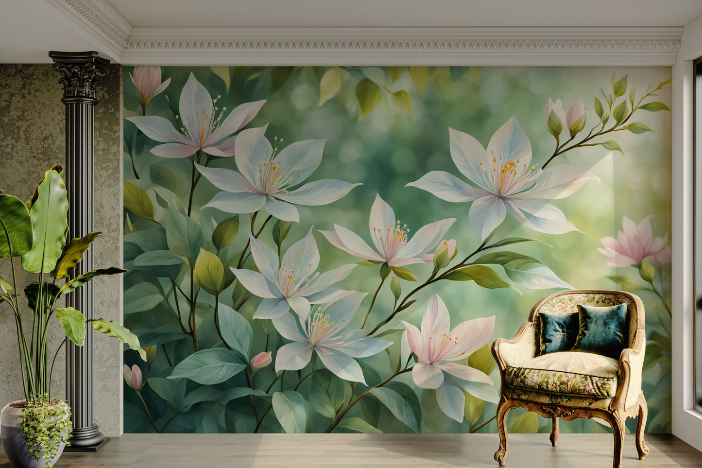 Elegant wallpaper for walls with delicate white blooms

