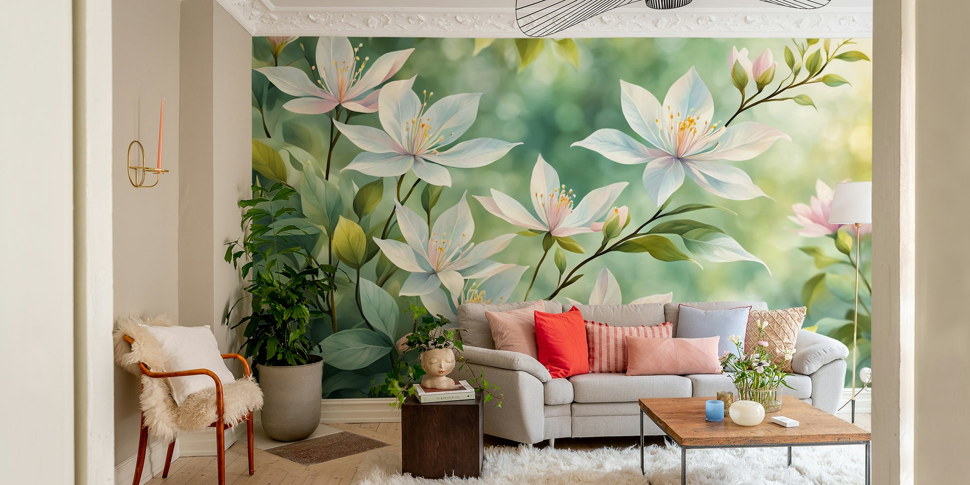 Dreamy white floral wallpaper for bright, airy interiors

