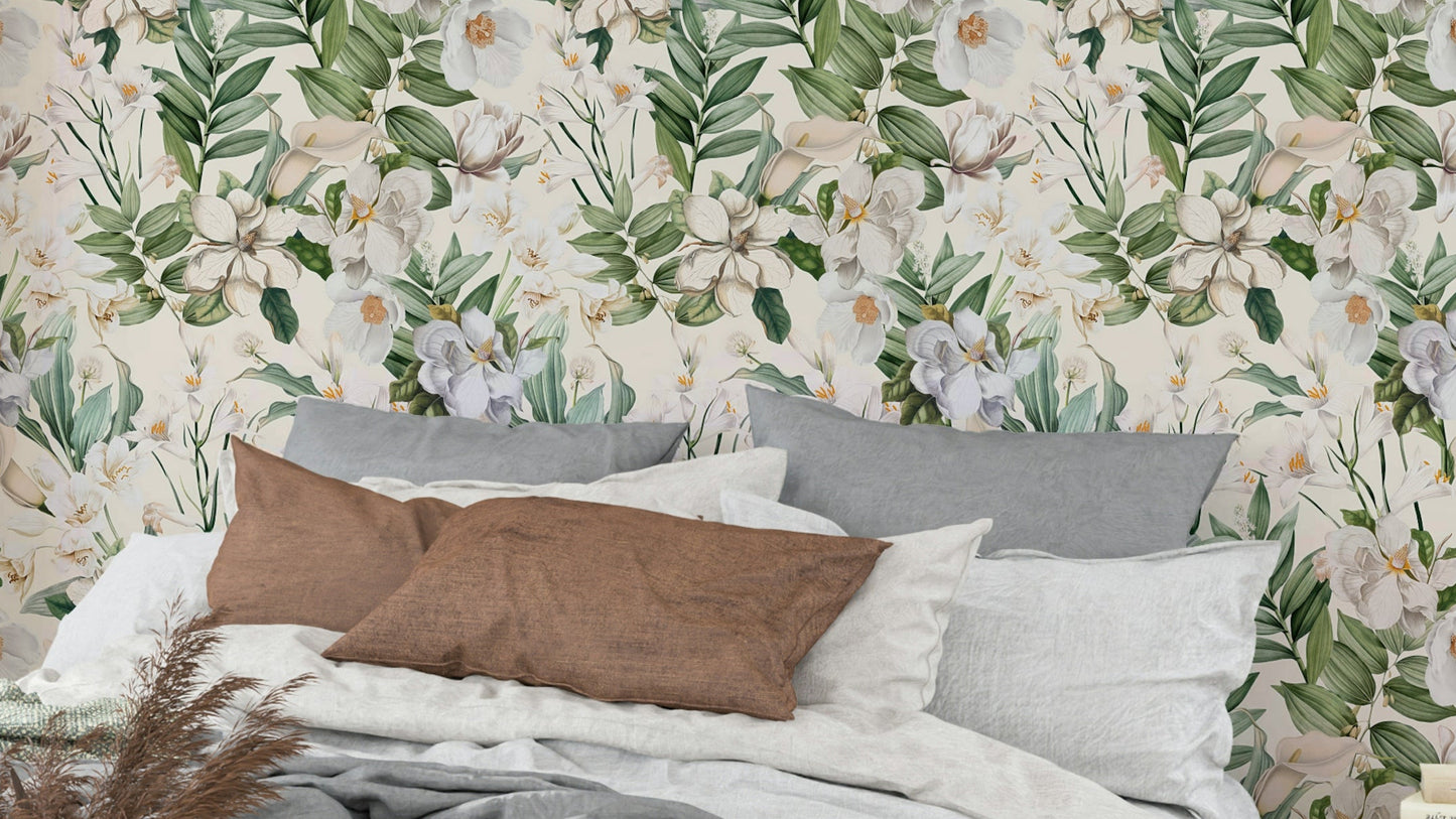 Whimsical White Garden Wallpaper with soft white floral blooms.

