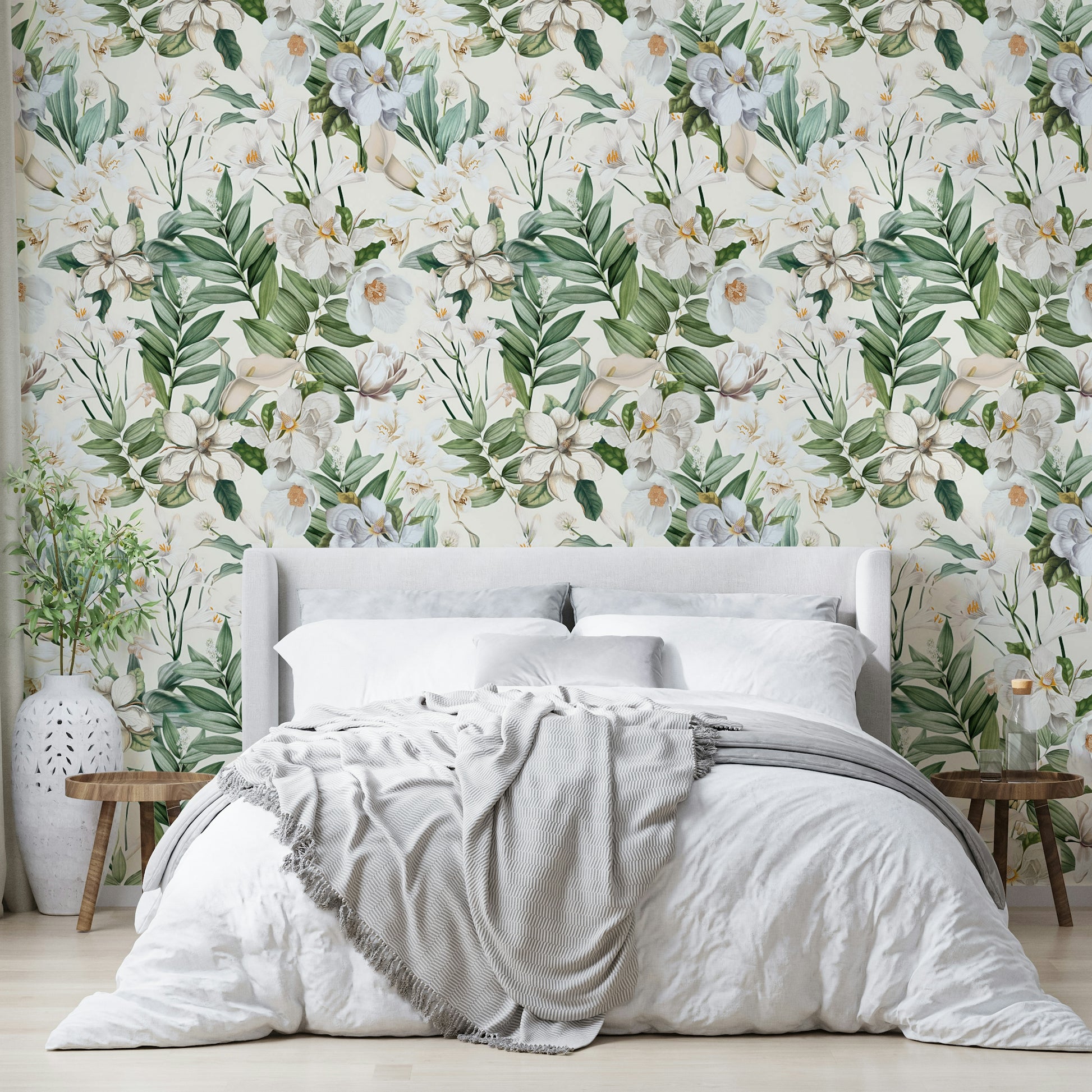 Whimsical White Garden wallpaper with intricate, nature-inspired design.

