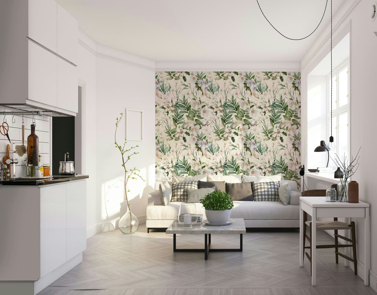 Close-up view of delicate white flowers and vines in Whimsical White Garden wallpaper.

