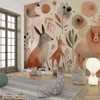 Whimsical wild animals in bold patterns on wall mural design.

