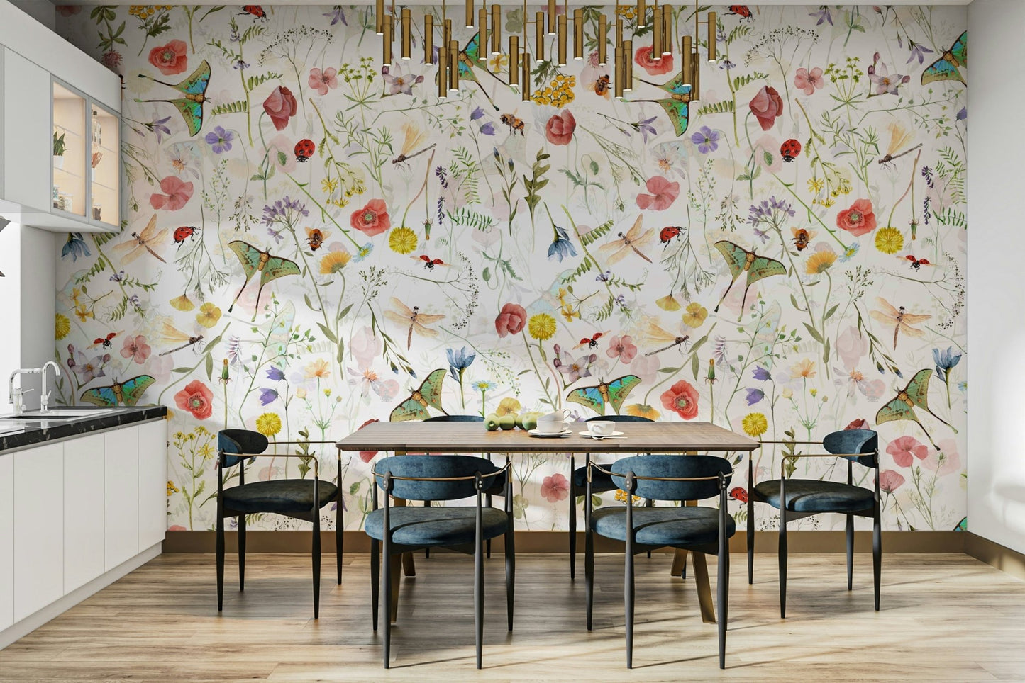 The image shows a full wall with several large flowers on a dark, moody background.

