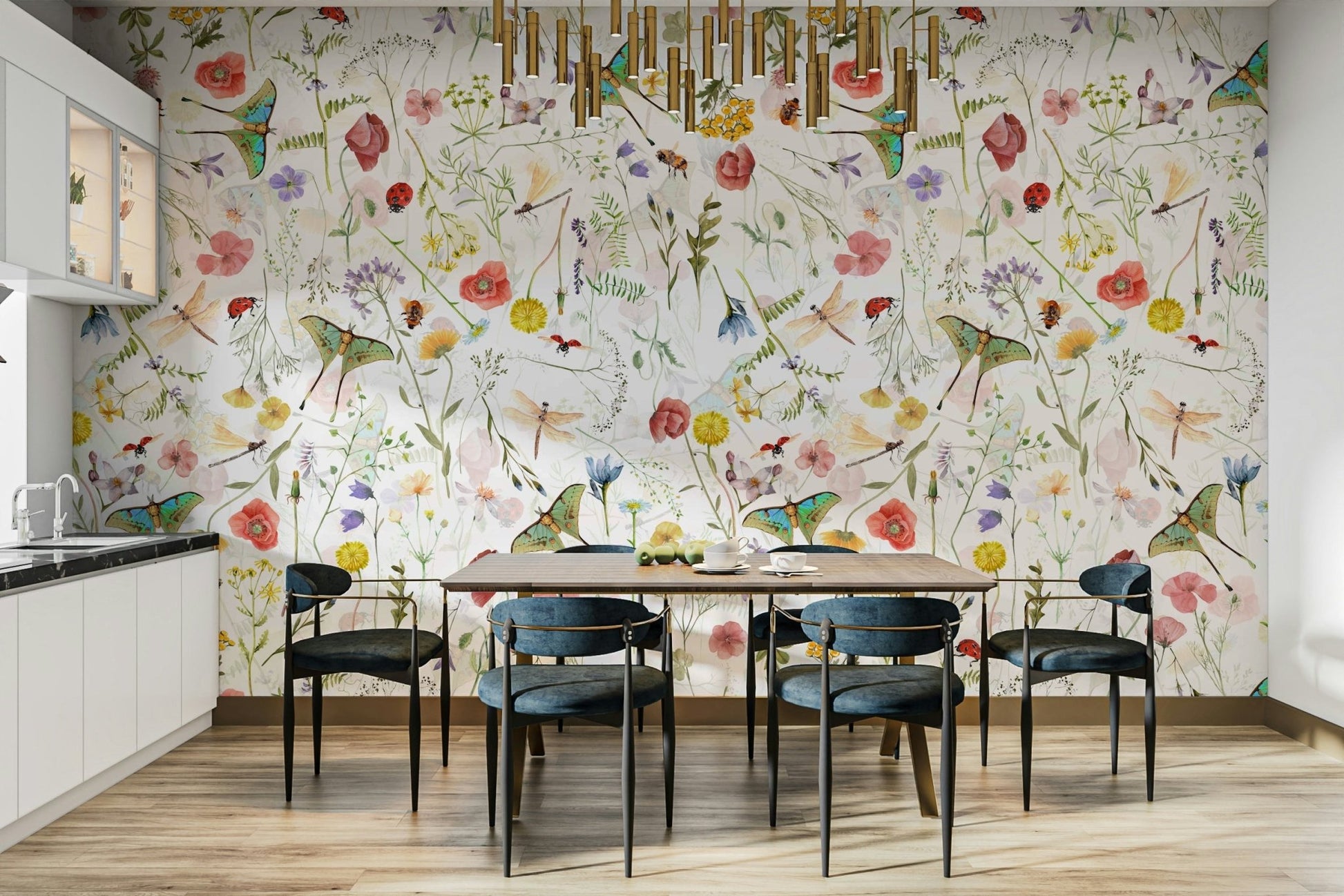 The image shows a full wall with several large flowers on a dark, moody background.

