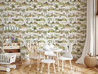Cozy nursery wallpaper Whimsical Woodland Friends hand-painted animal mural.
