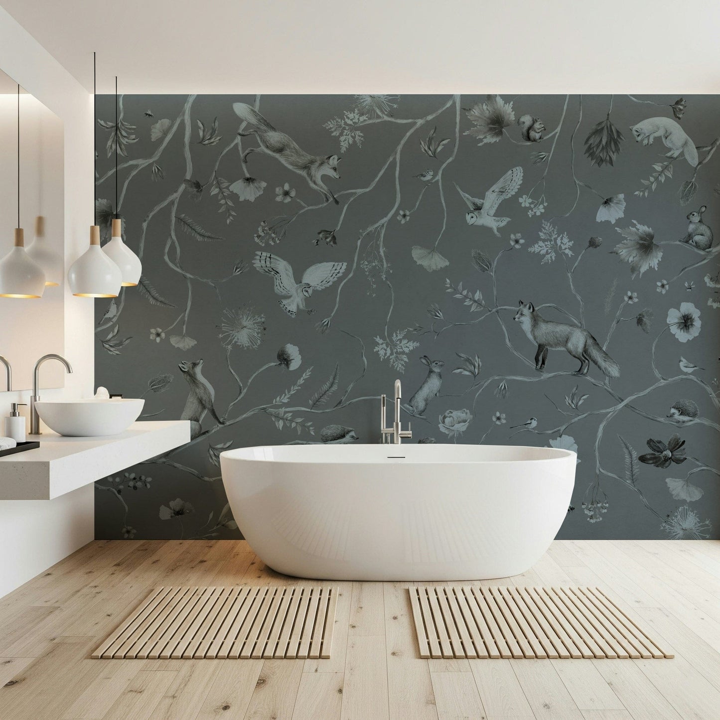 Decorative wall art featuring whimsical trees and gray forest foliage