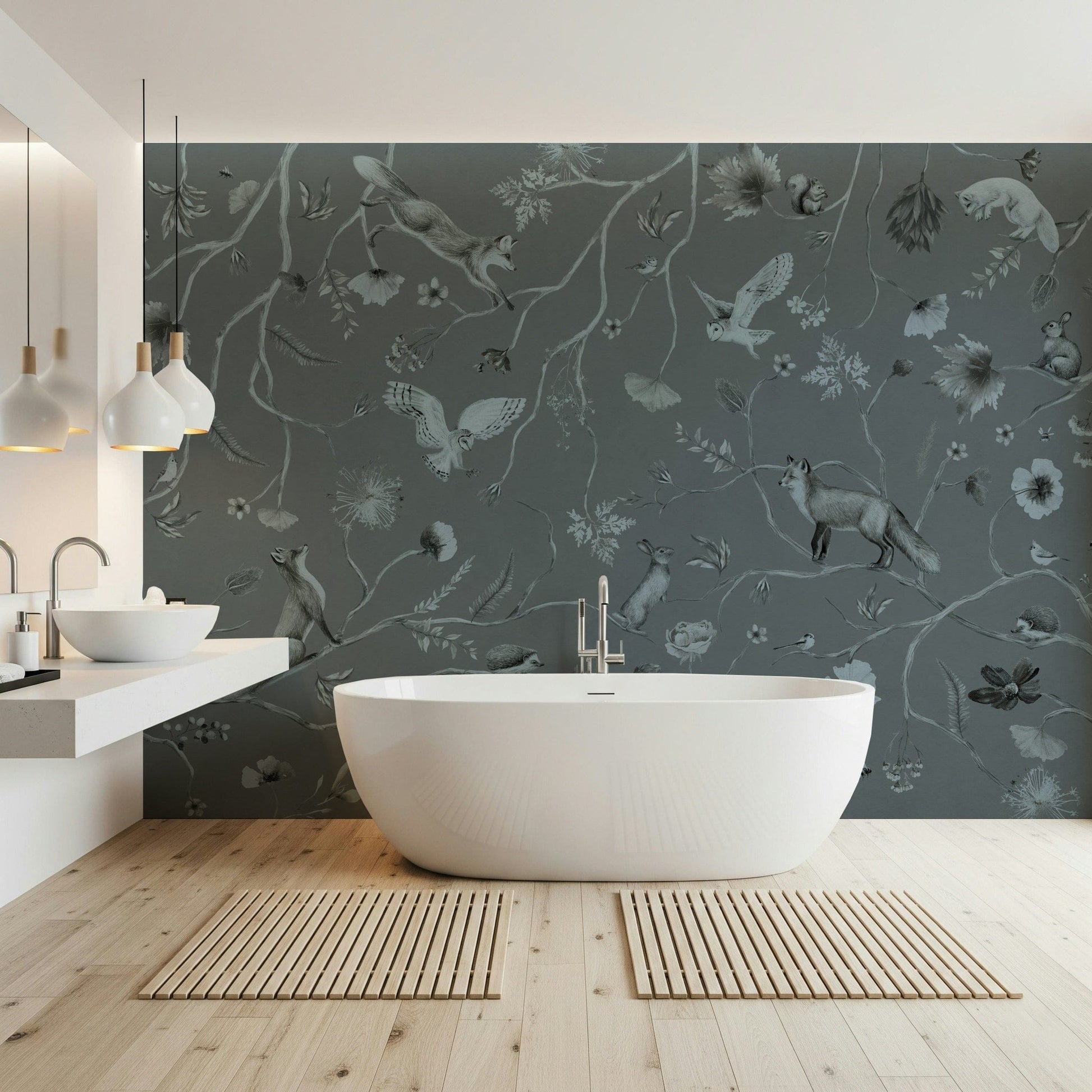 Decorative wall art featuring whimsical trees and gray forest foliage