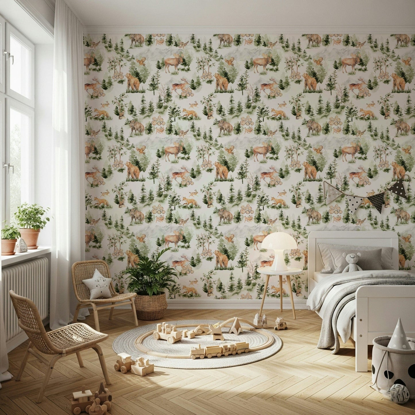 Soft green pine forest Woodland Nursery Pattern wallcovering with fauna.