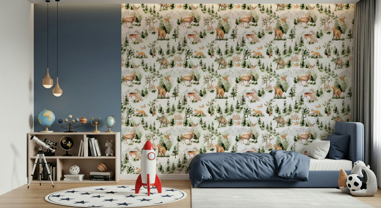 Woodland Nursery Pattern Wallpaper featuring forest animals and pine trees mural.