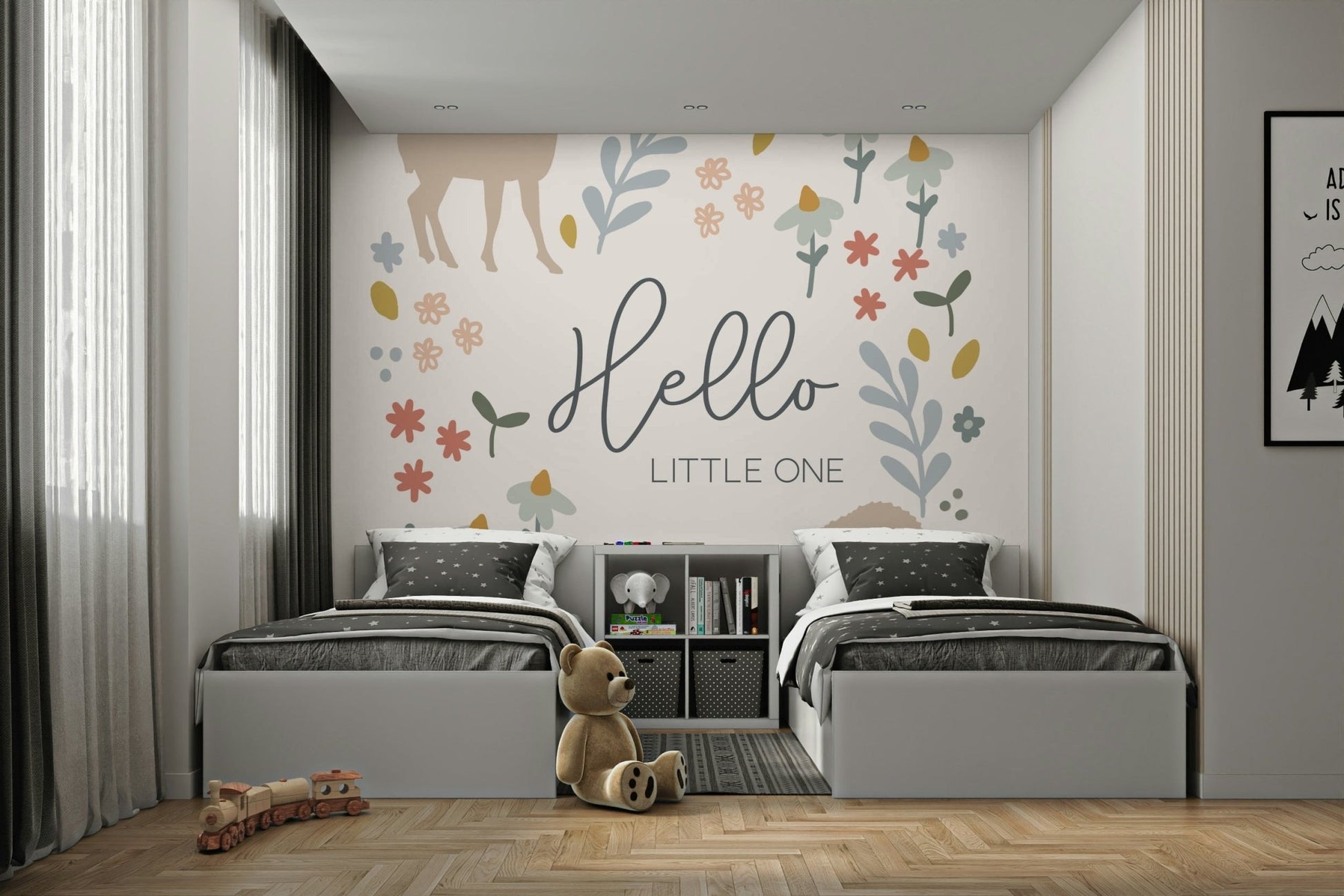 Soft-toned woodland mural wallpaper for a calming nursery.

