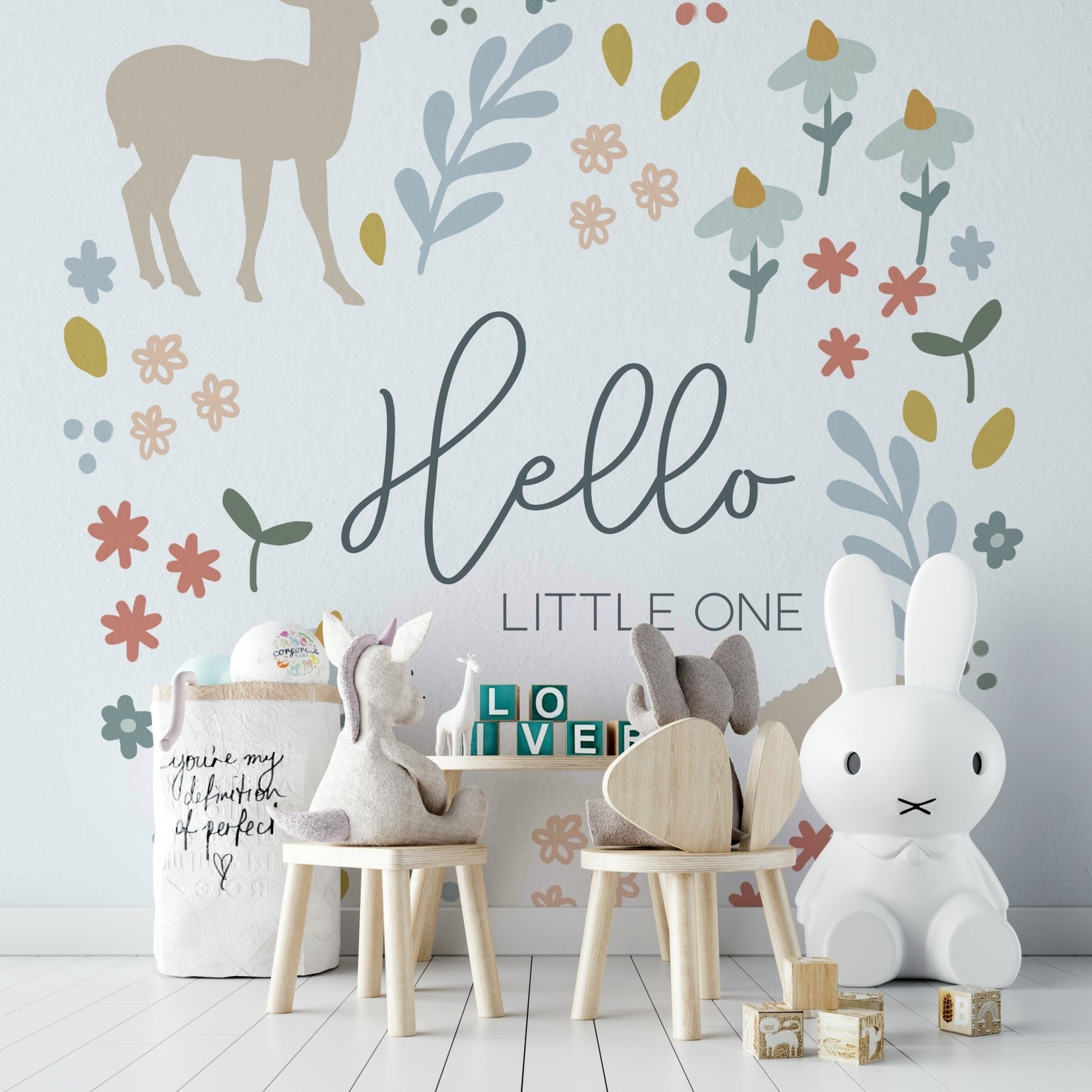 Gentle woodland animals mural for a peaceful nursery.

