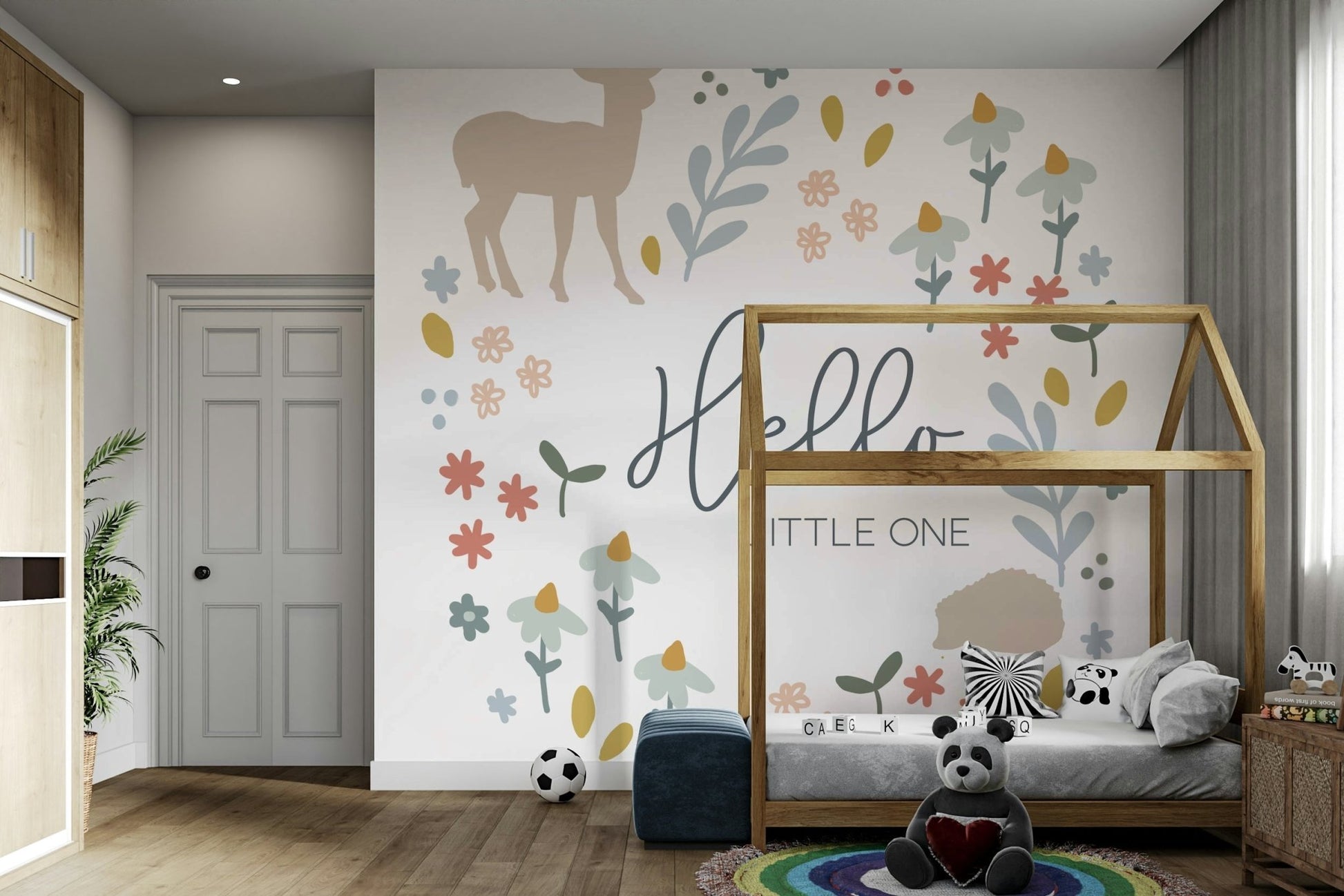Sweet and soft woodland mural for a baby’s room decor.

