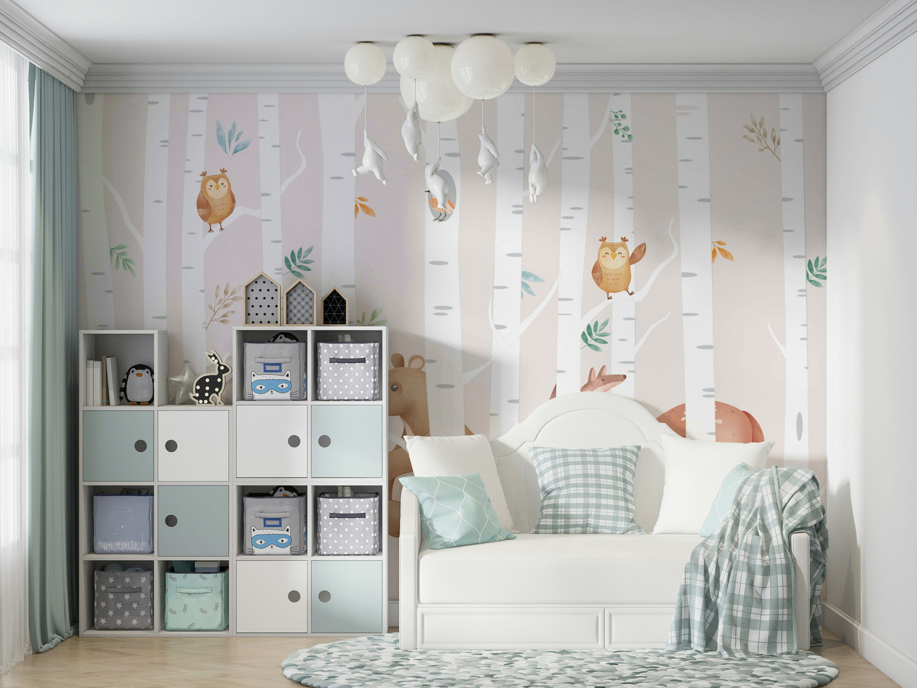 A peaceful wall mural with a whimsical forest scene.

