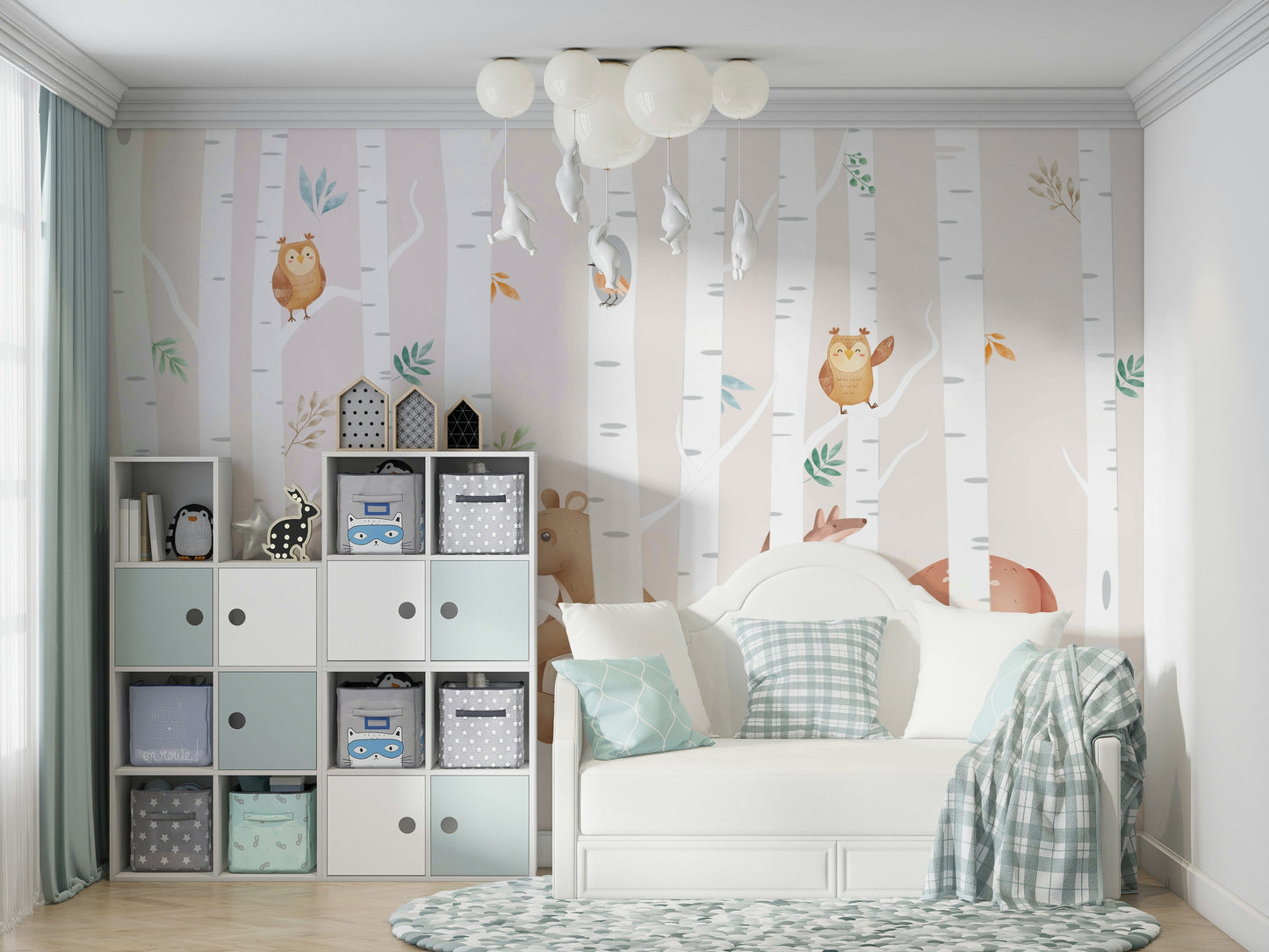 A peaceful wall mural with a whimsical forest scene.

