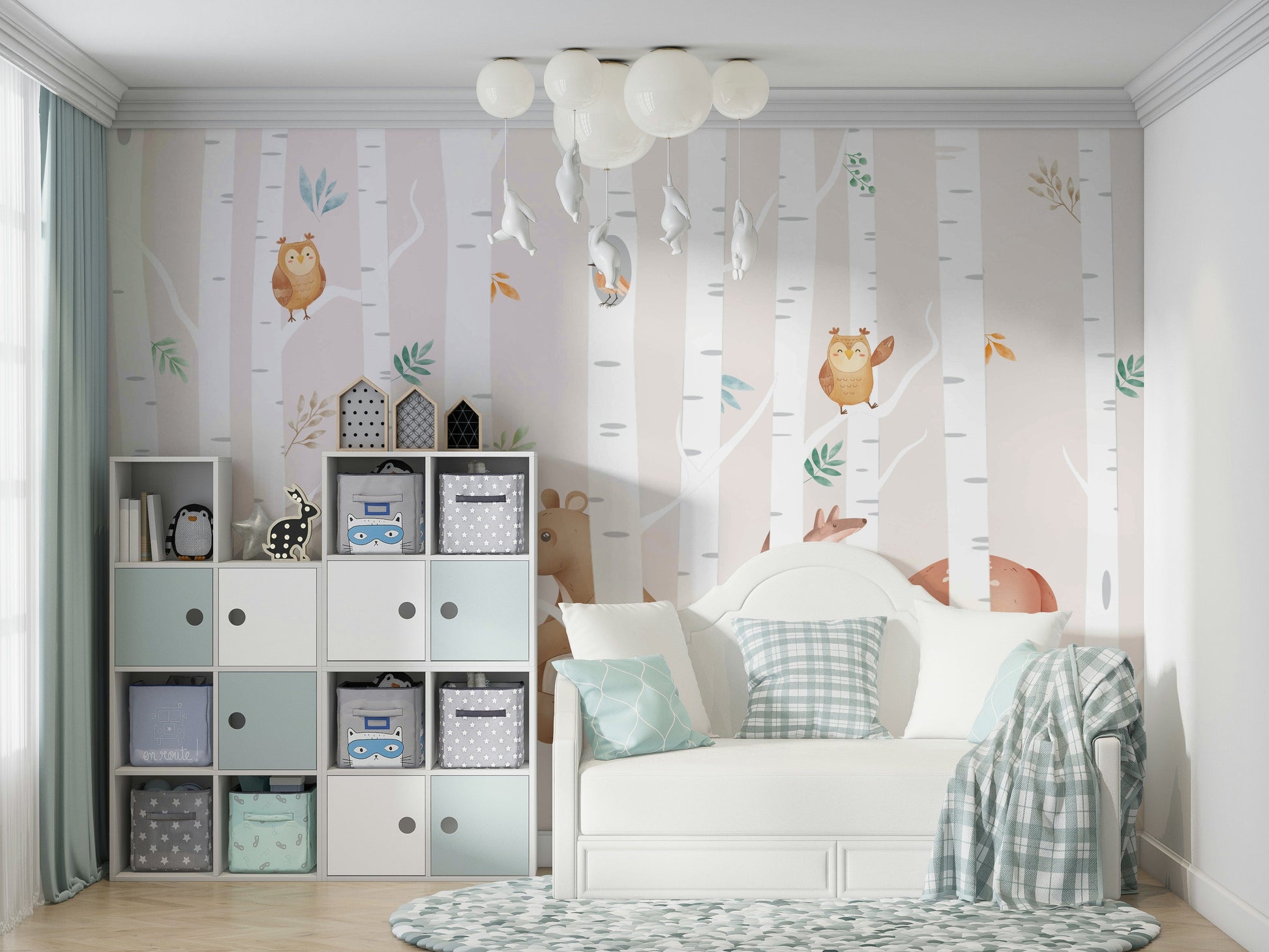 A peaceful wall mural with a whimsical forest scene.

