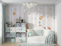 A peaceful wall mural with a whimsical forest scene.

