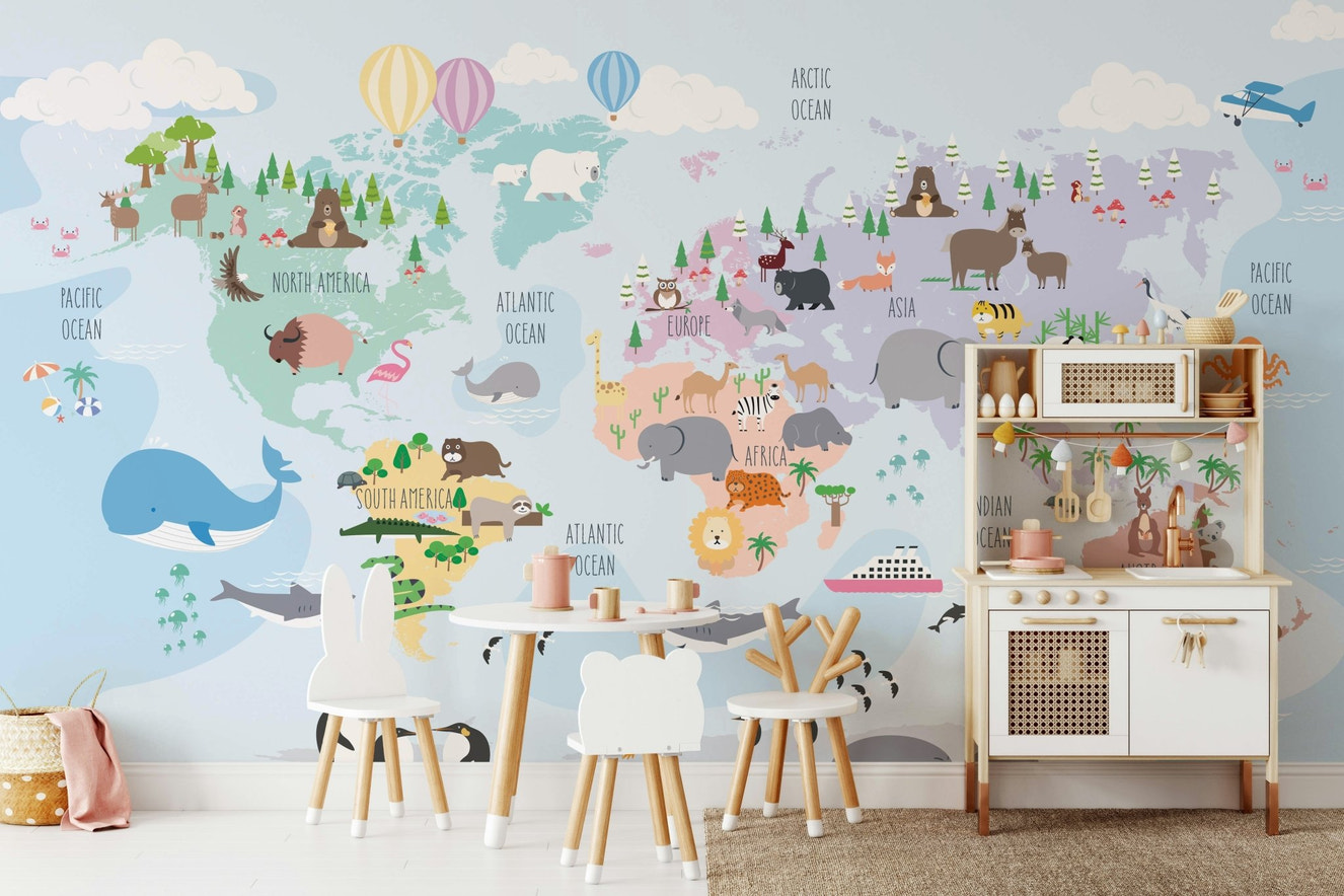 World animal map wall mural

