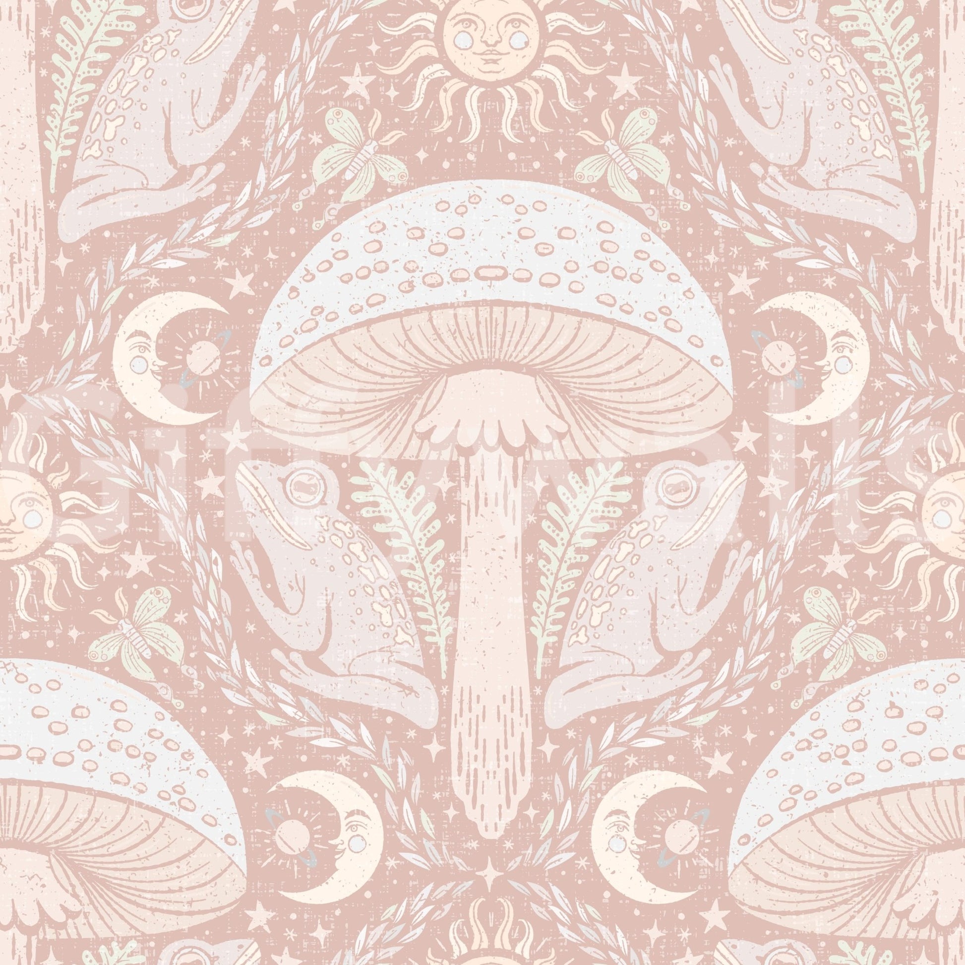 Delicate fungi and floral pattern with whimsical style

