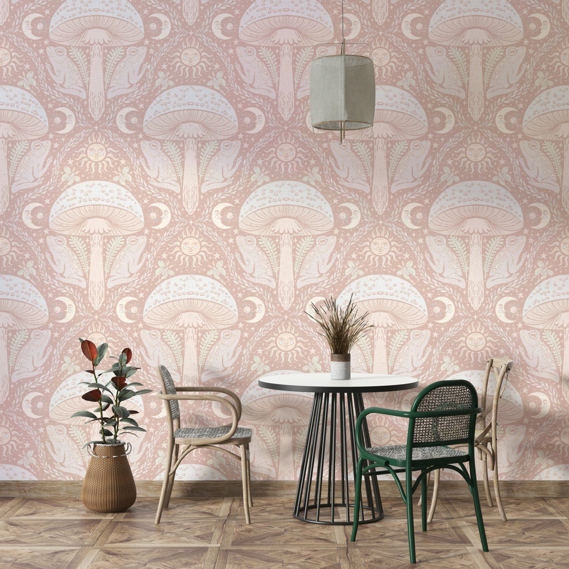 Mystical toadstools and vines in pastel wallpaper

