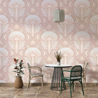Mystical toadstools and vines in pastel wallpaper

