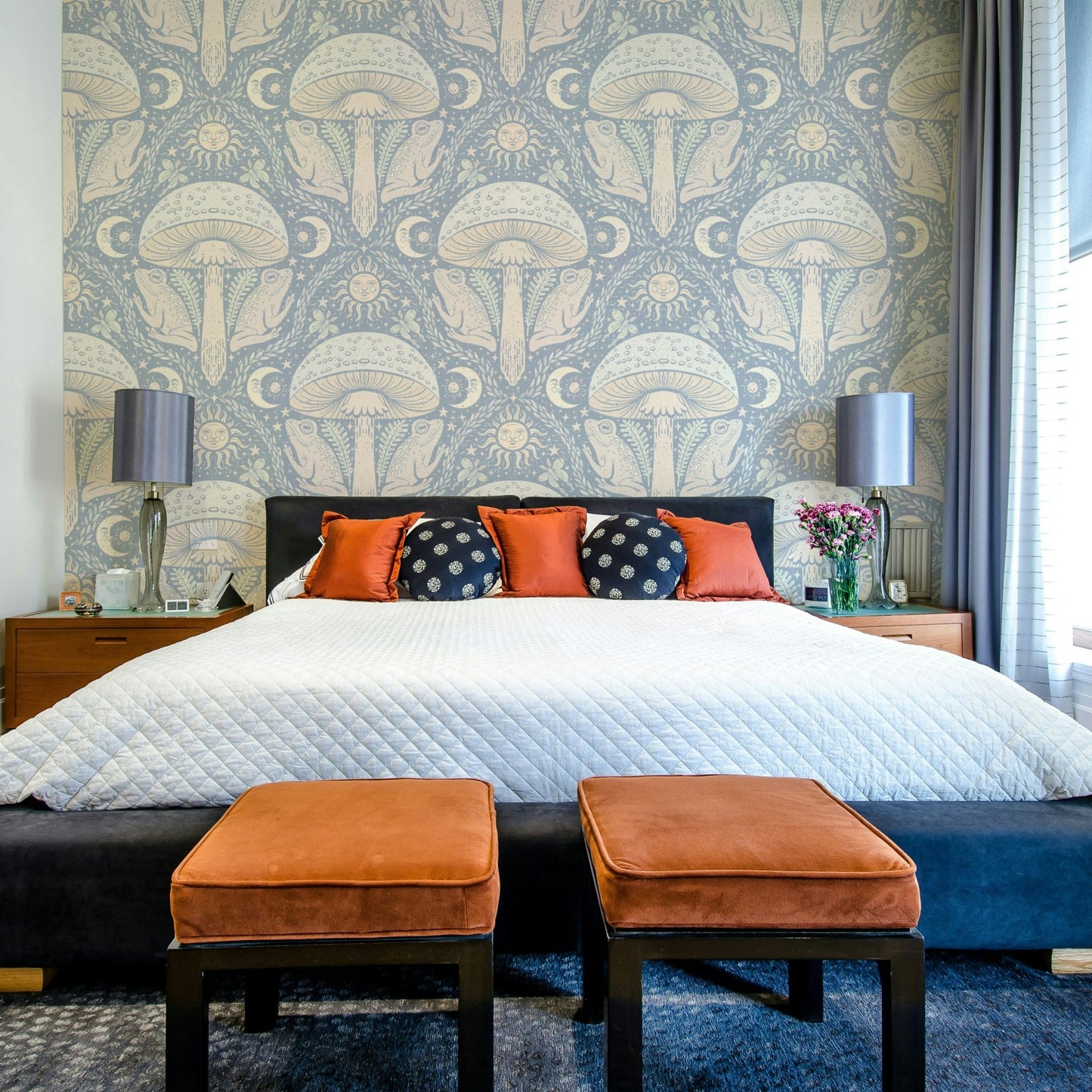 Pastel wallpaper with gothic-inspired toadstool art

