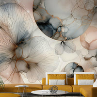 Earthy tone botanical mural for a primary bedroom with linen textures.