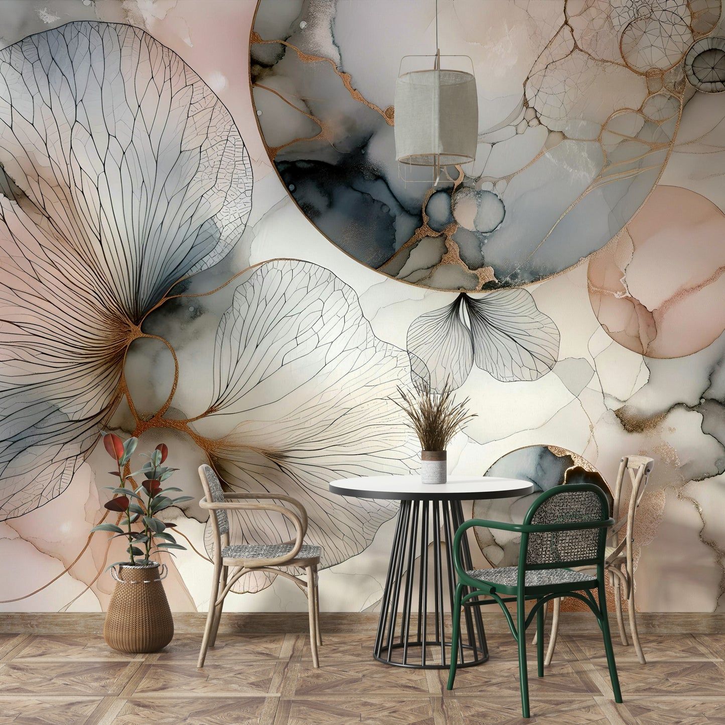 Whisper of Nature Wall Mural behind a mid-century modern sofa in a den.