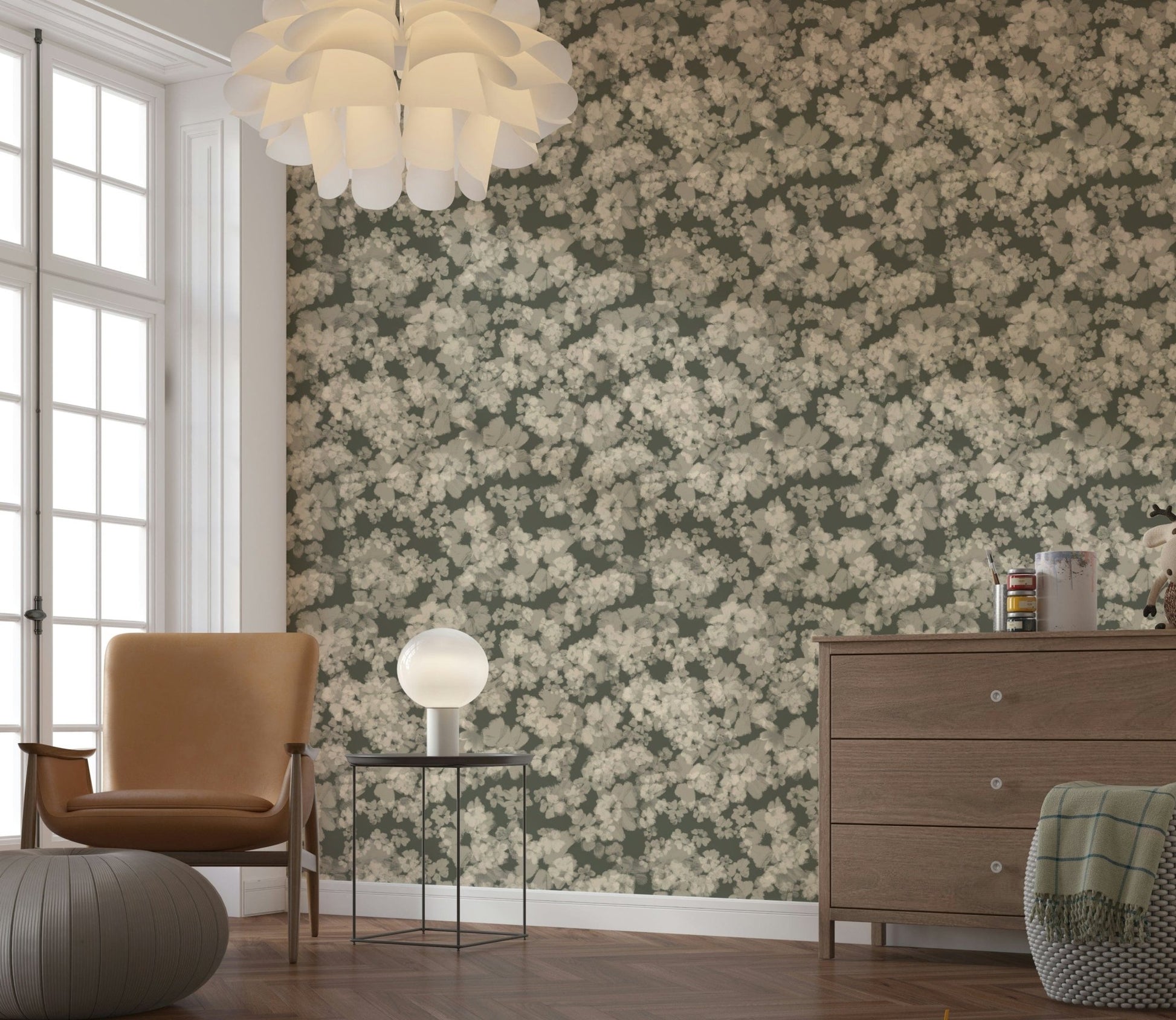 Whispering light bloom wallpaper, dark background artistry, Whispered Florals.