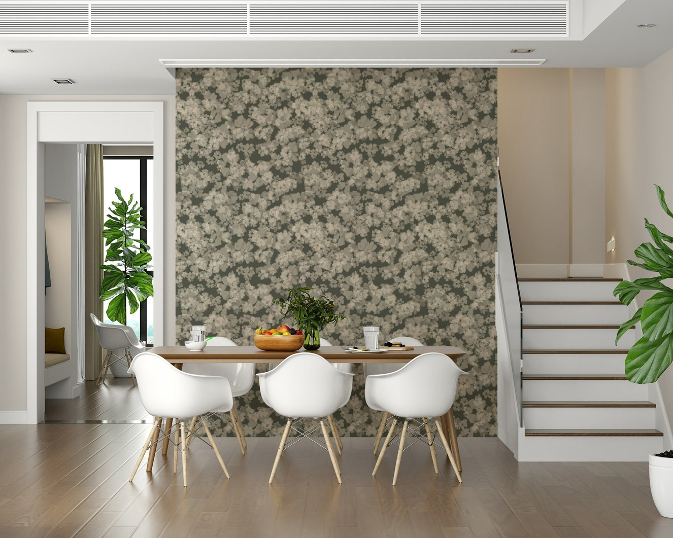 Soft pewter flower wall mural, Whispered Florals, graceful decorative style.