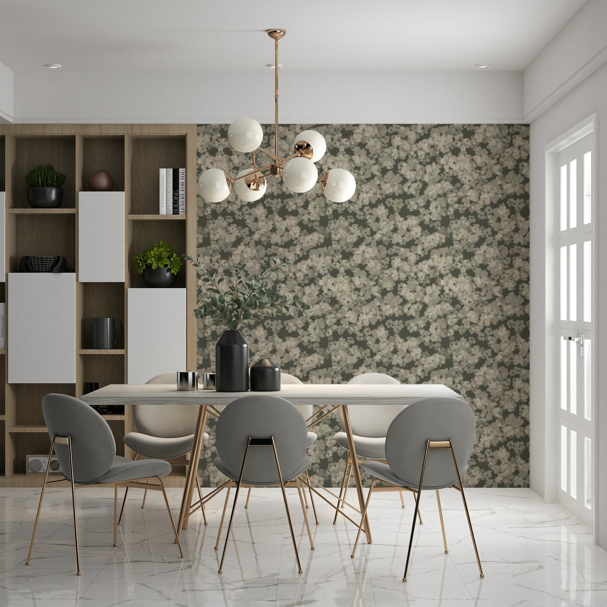 Dusky grey blossom wallpaper, serene wall covering option, Whispered Florals.