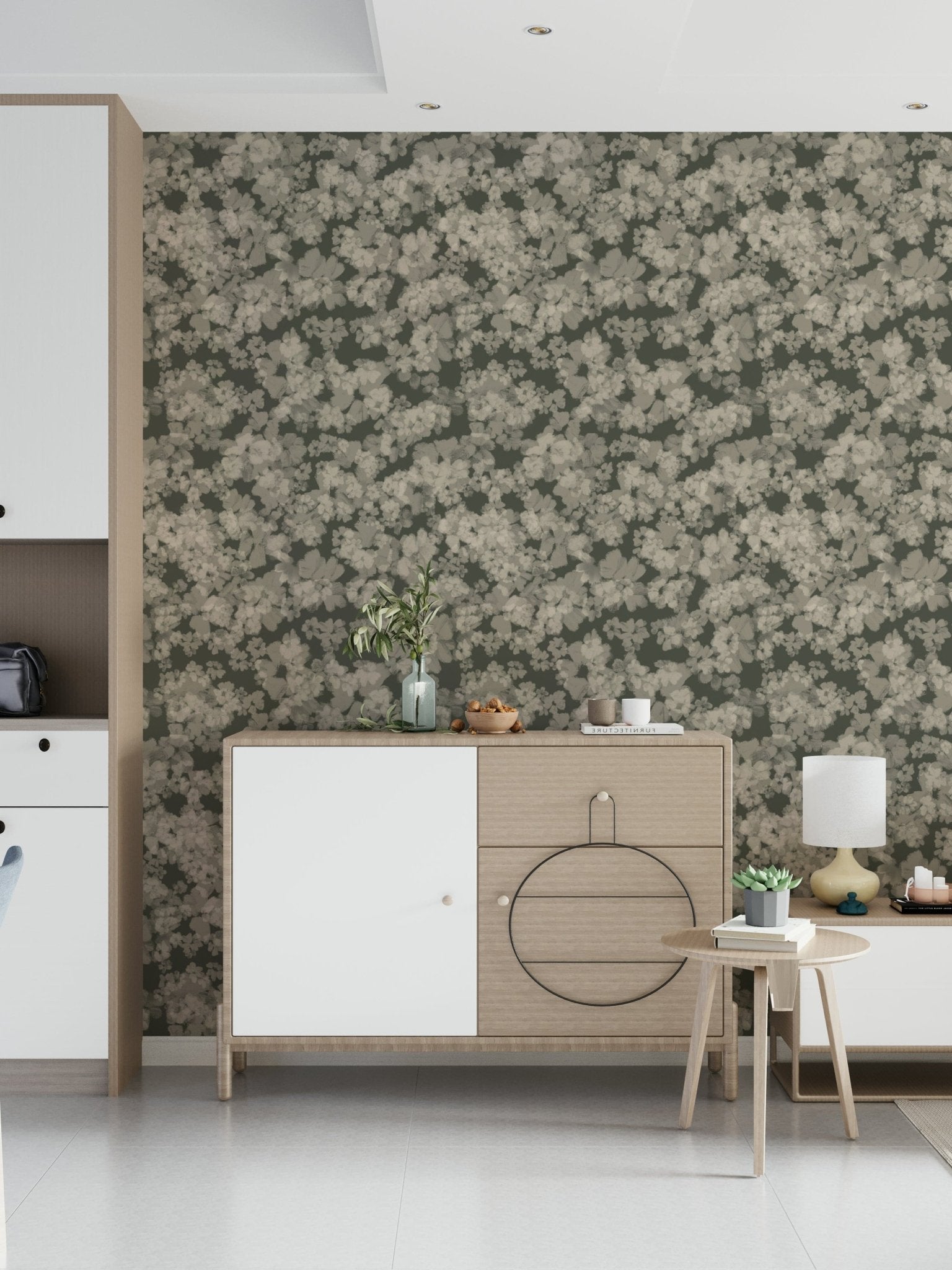 Understated silver bloom wall mural, Whispered Florals, elegant home adornment.
