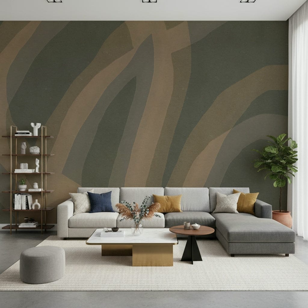 A peaceful natural scene mural on decorative wallpaper.

