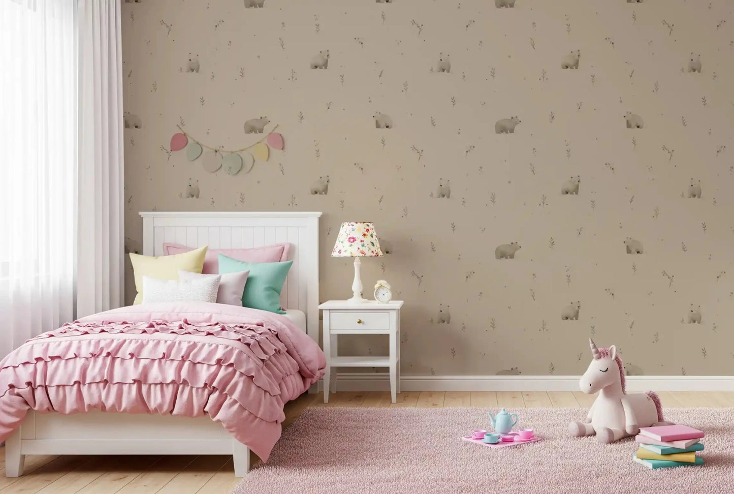 Bedroom featuring gentle woodland bear wallpaper in beige