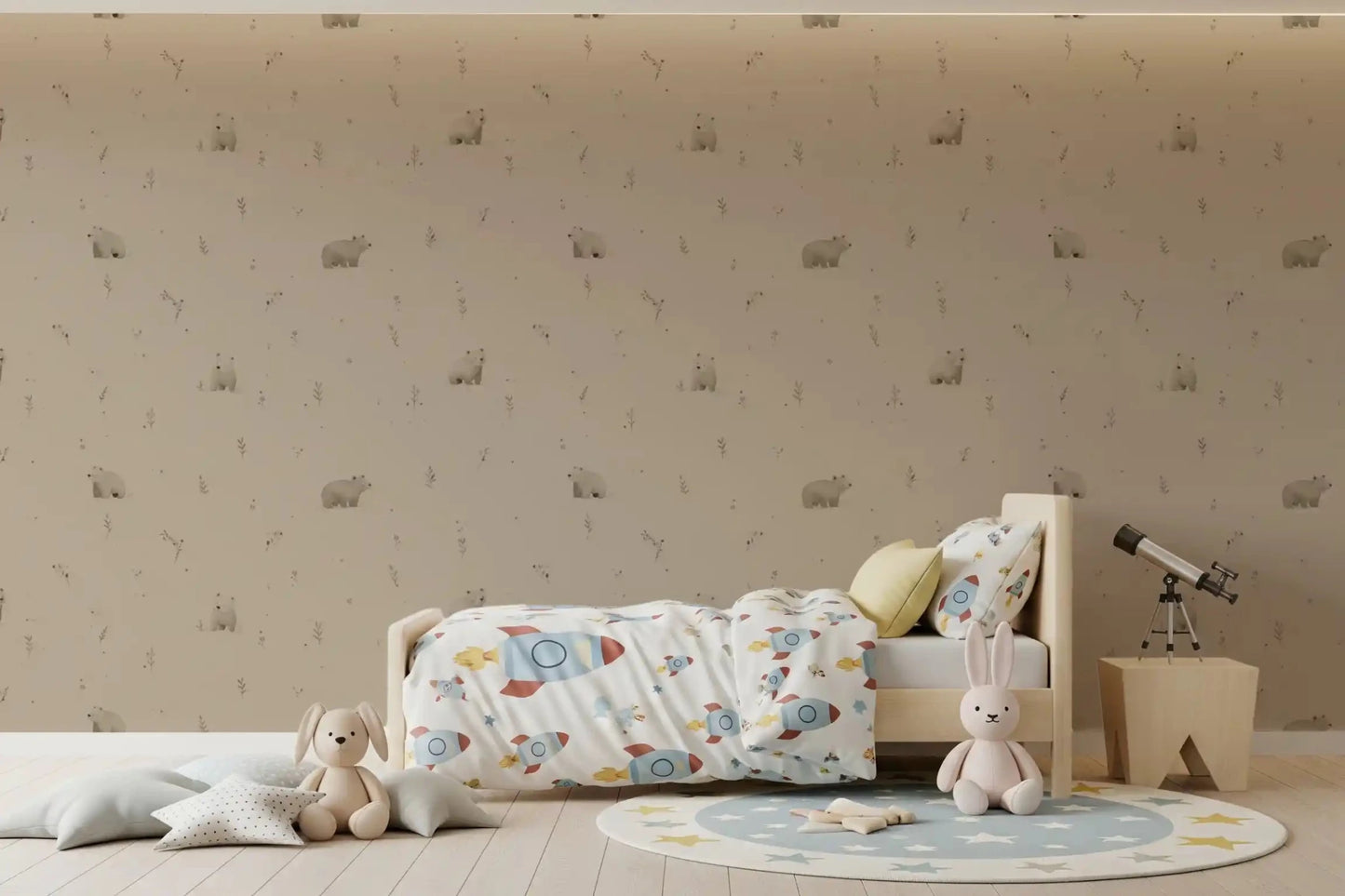 Cozy bedroom with neutral bear wallpaper and delicate meadow motifs