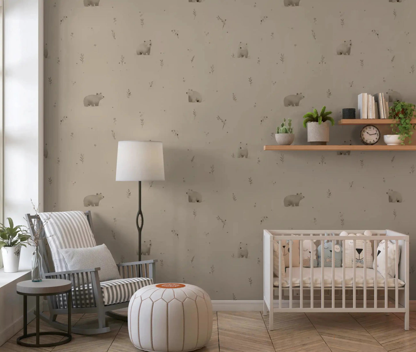 Nursery with soft meadow bear wallpaper and tiny botanicals