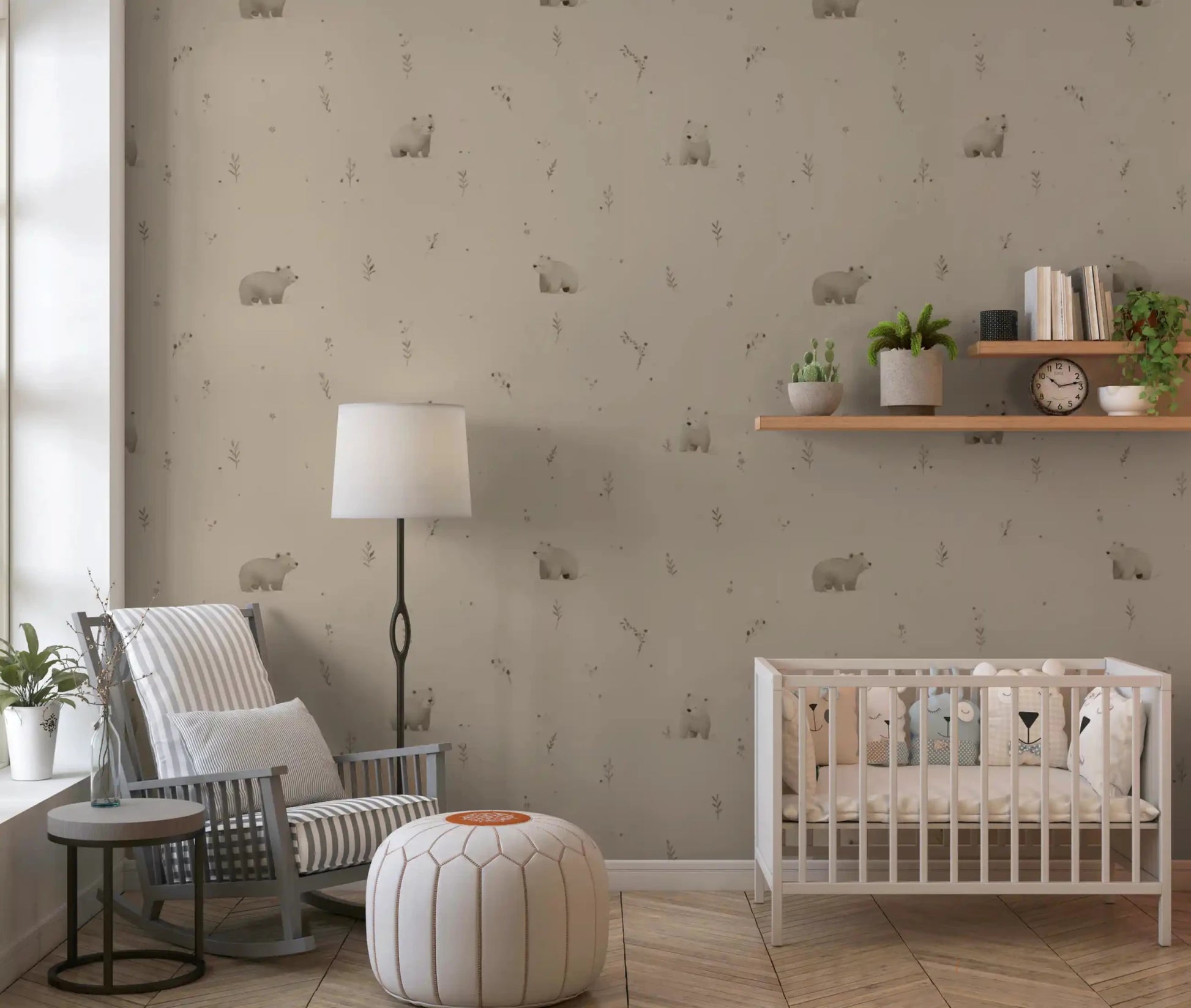 Nursery with soft meadow bear wallpaper and tiny botanicals