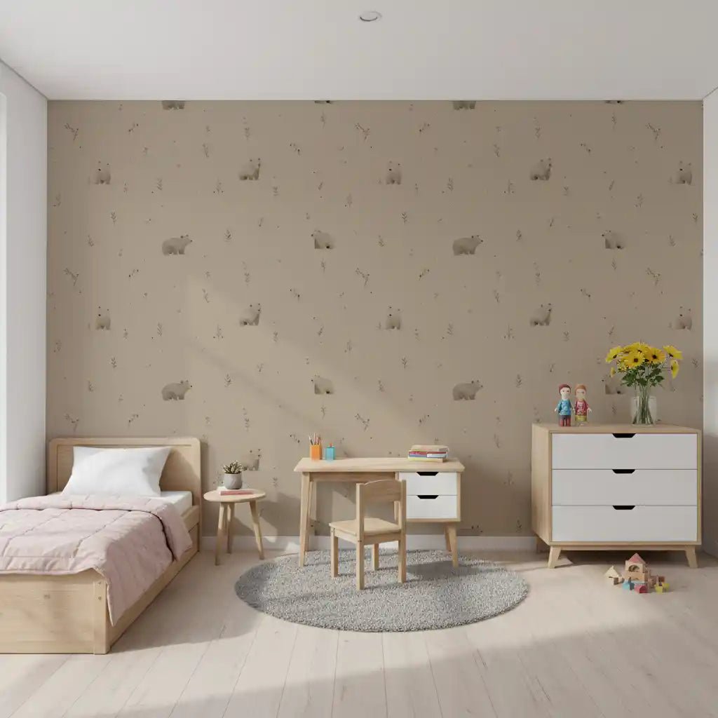 Playroom styled in neutral bear wallpaper with meadow sprigs