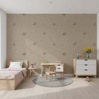 Playroom styled in neutral bear wallpaper with meadow sprigs