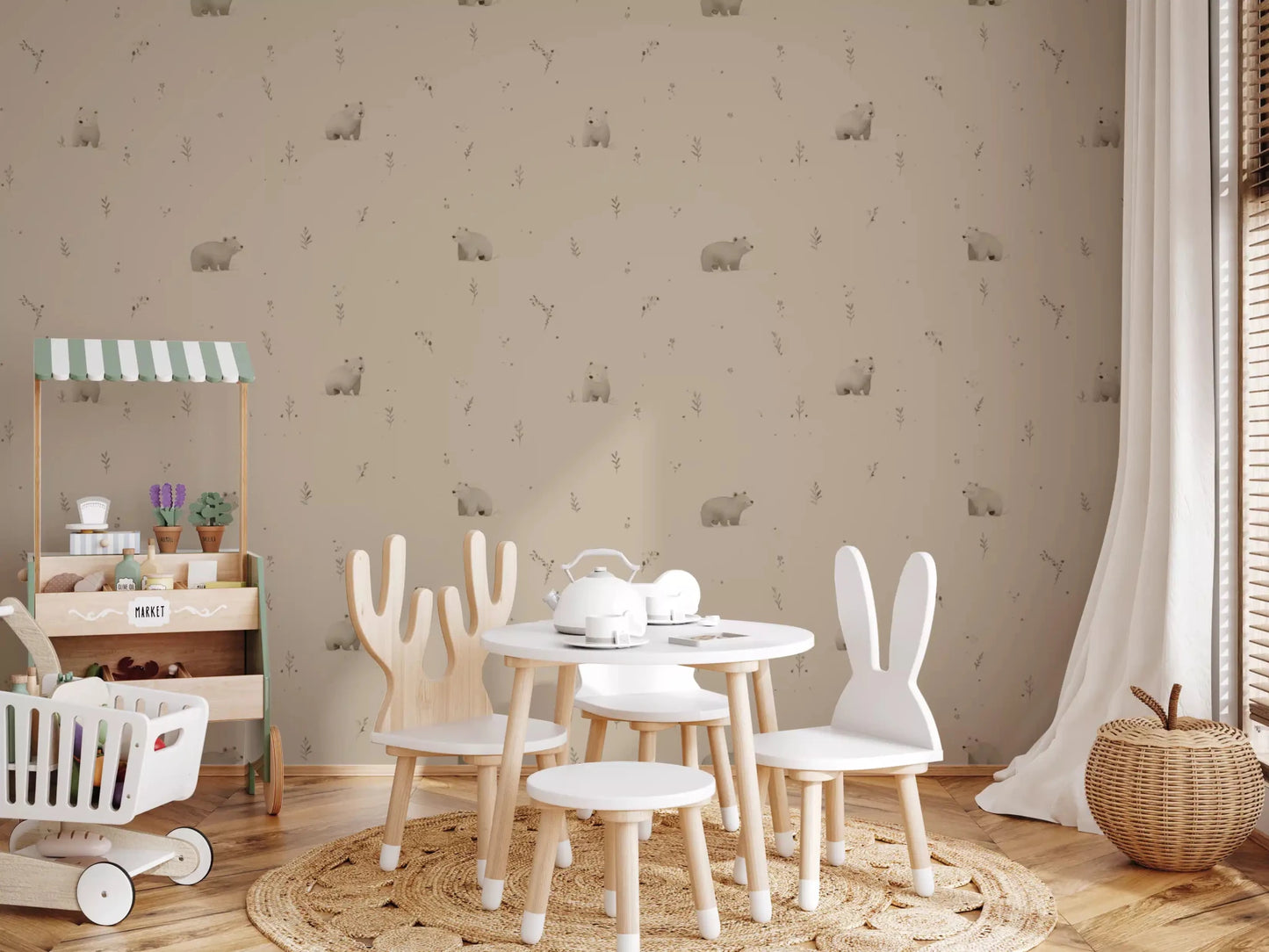Nursery with whispering bear meadow wallpaper in soft beige tones
