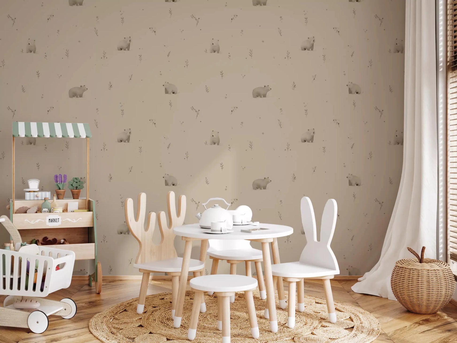 Nursery with whispering bear meadow wallpaper in soft beige tones
