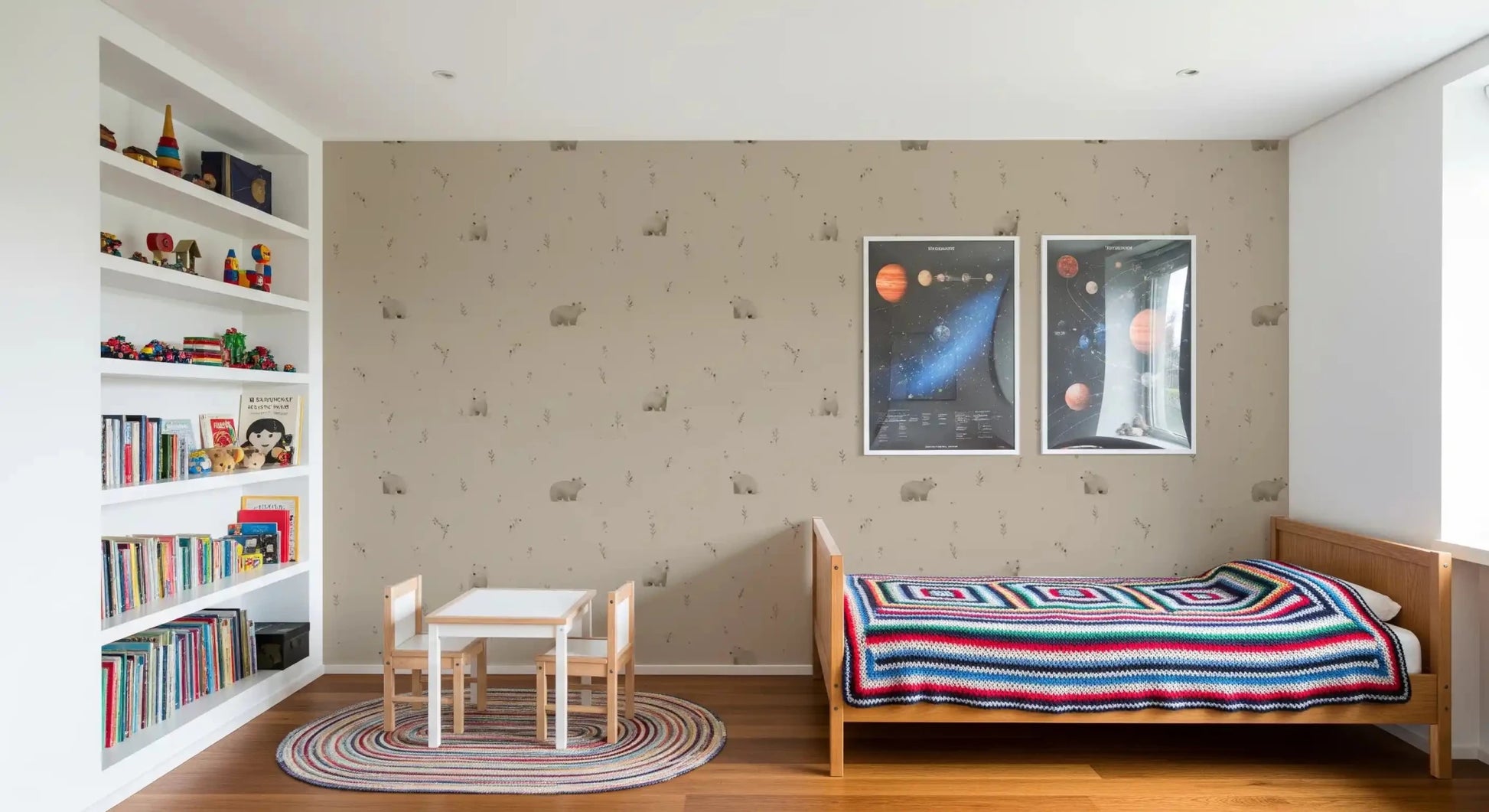 KIds Bedroom styled with woodland bear wallpaper in muted beige