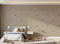 Nursery Bedroom corner with gentle bear meadow wallpaper and sprig pattern