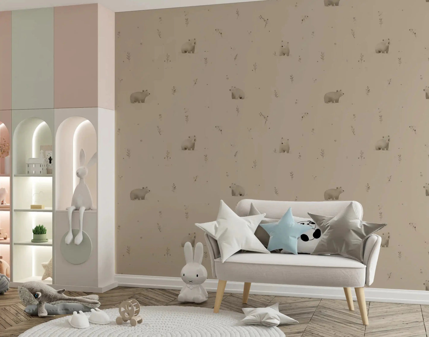 Baby room finished in whispering bear wallpaper with calm detail