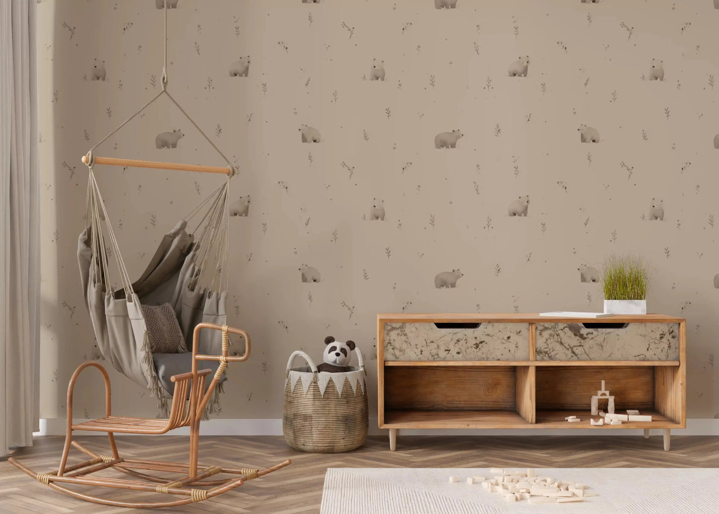 Kids room with minimal bear meadow wallpaper in warm neutrals