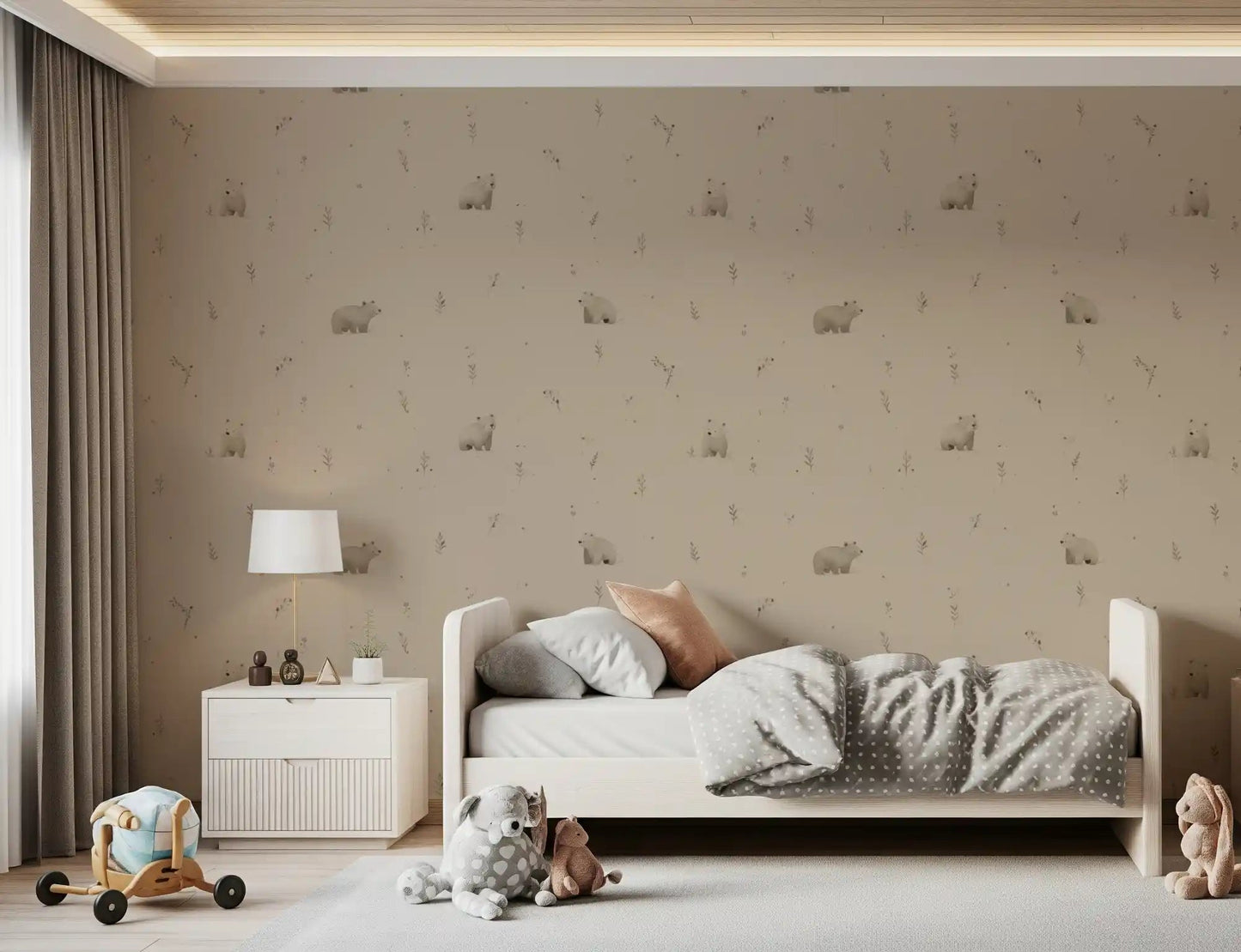 baby bedroom using soft beige bear wallpaper with meadow accents