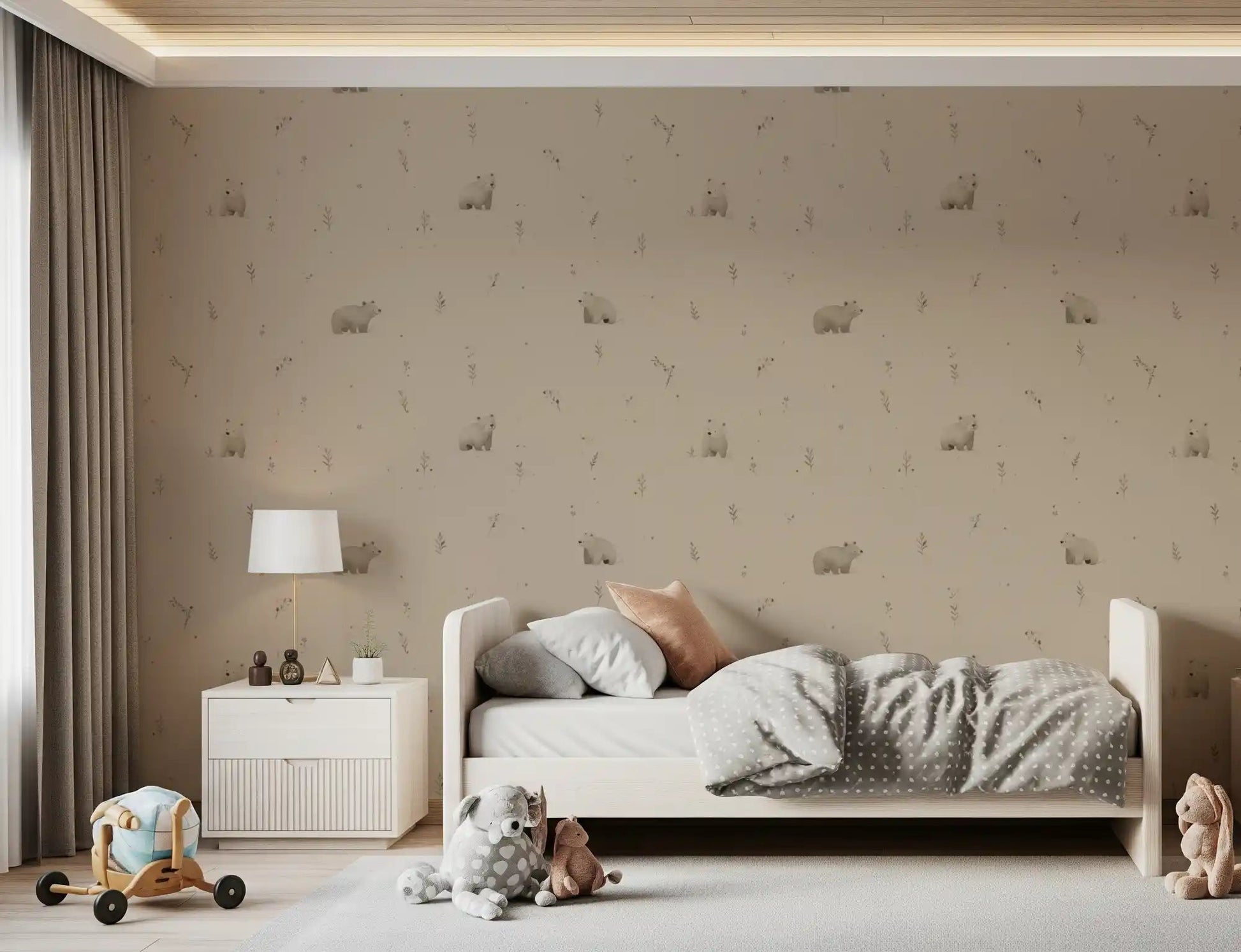baby bedroom using soft beige bear wallpaper with meadow accents